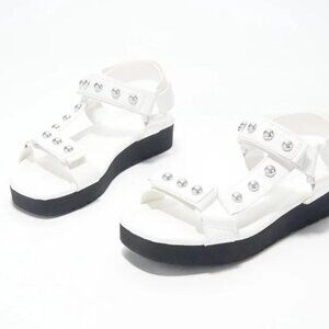 Marc Fisher White Kizzy Studded Strap Flat Sandals, Size 11